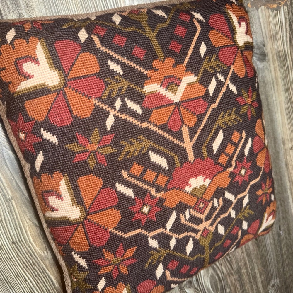 Vintage Kilim Pillow Cover Square Floral Earth Tones Boho Accent Pillow
